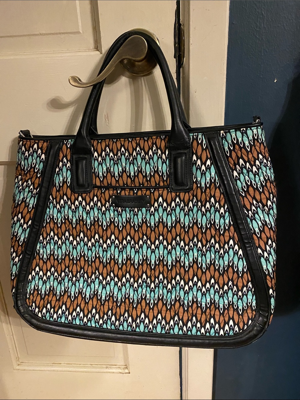 Vera Bradley Patterned Tote Bag in Brown, Teal & Black